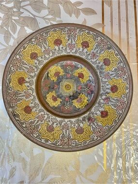 Vintage Hand Etched Brass Plate Wall Hanging Enamel Floral Pattern 10" - Patina